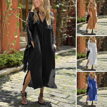 ❤️2025 New Products❤️Women's Casual V-Neck Lång klänning med fickor och slits i nederkanten